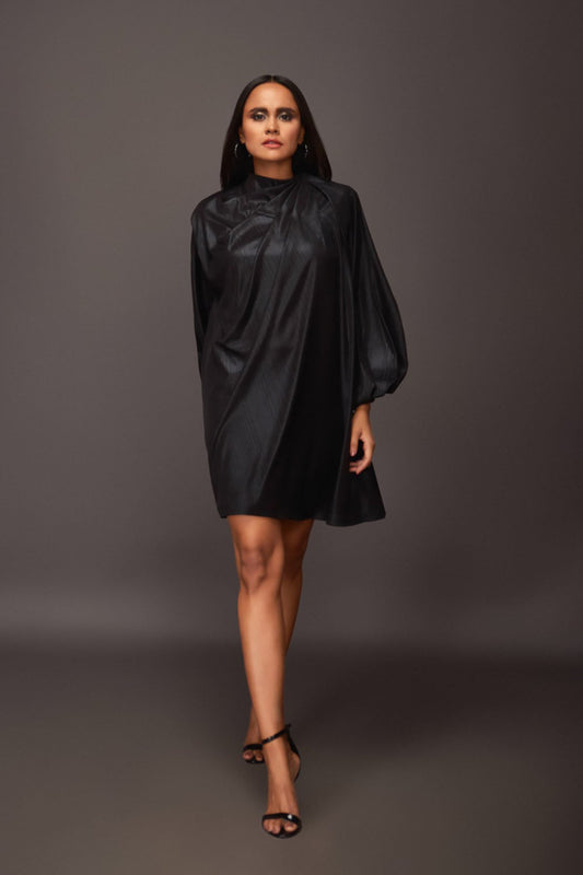 BLACK CLOSE NECK WITH PLEATING DETAIL METALLIC FOIL SHORT DRESS  Regular price